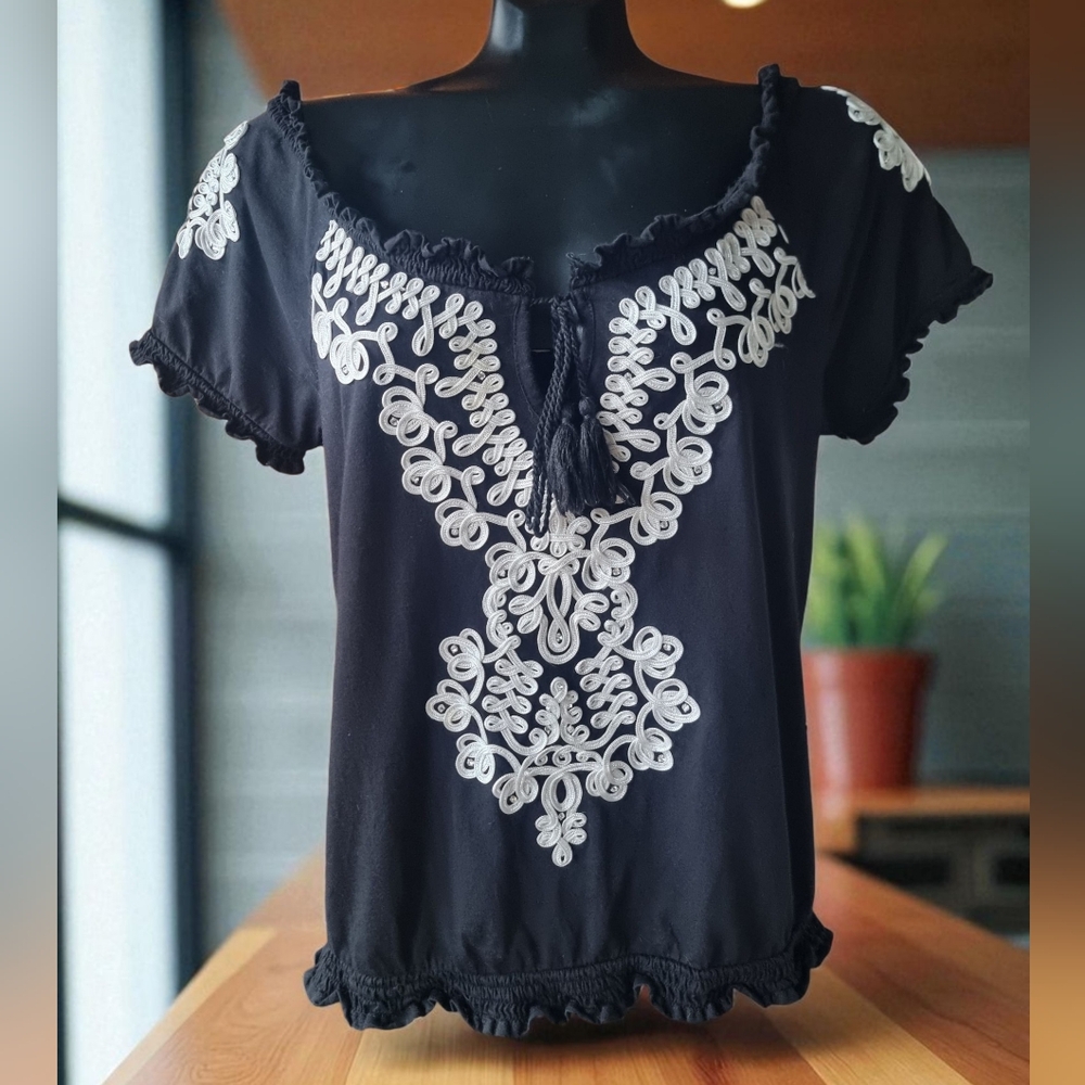 I.N.C. Embroidered Black & White Embellished Women's Boho Top